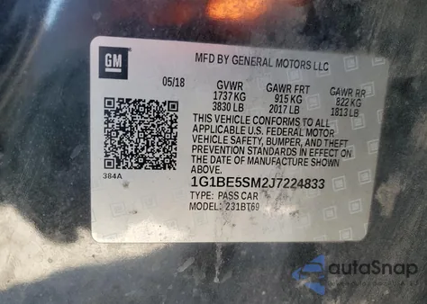 2018 Chevrolet Cruze Lt z USA, uszkodzony, nr VIN 1G1BE5SM2J7224833
